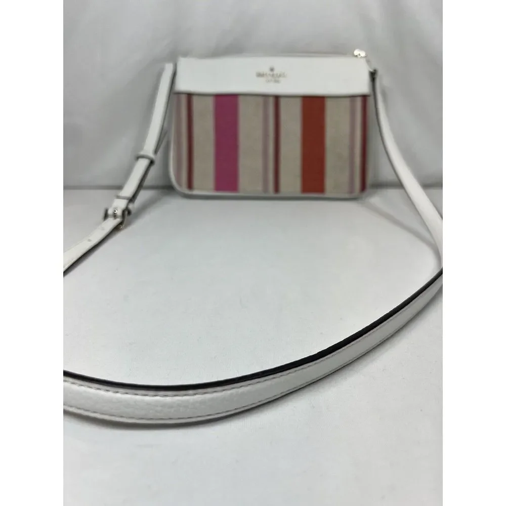 Kate Spade Leila Triple‎ Gusset Canvas Leather Crossbody Pink White Stripe SMALL